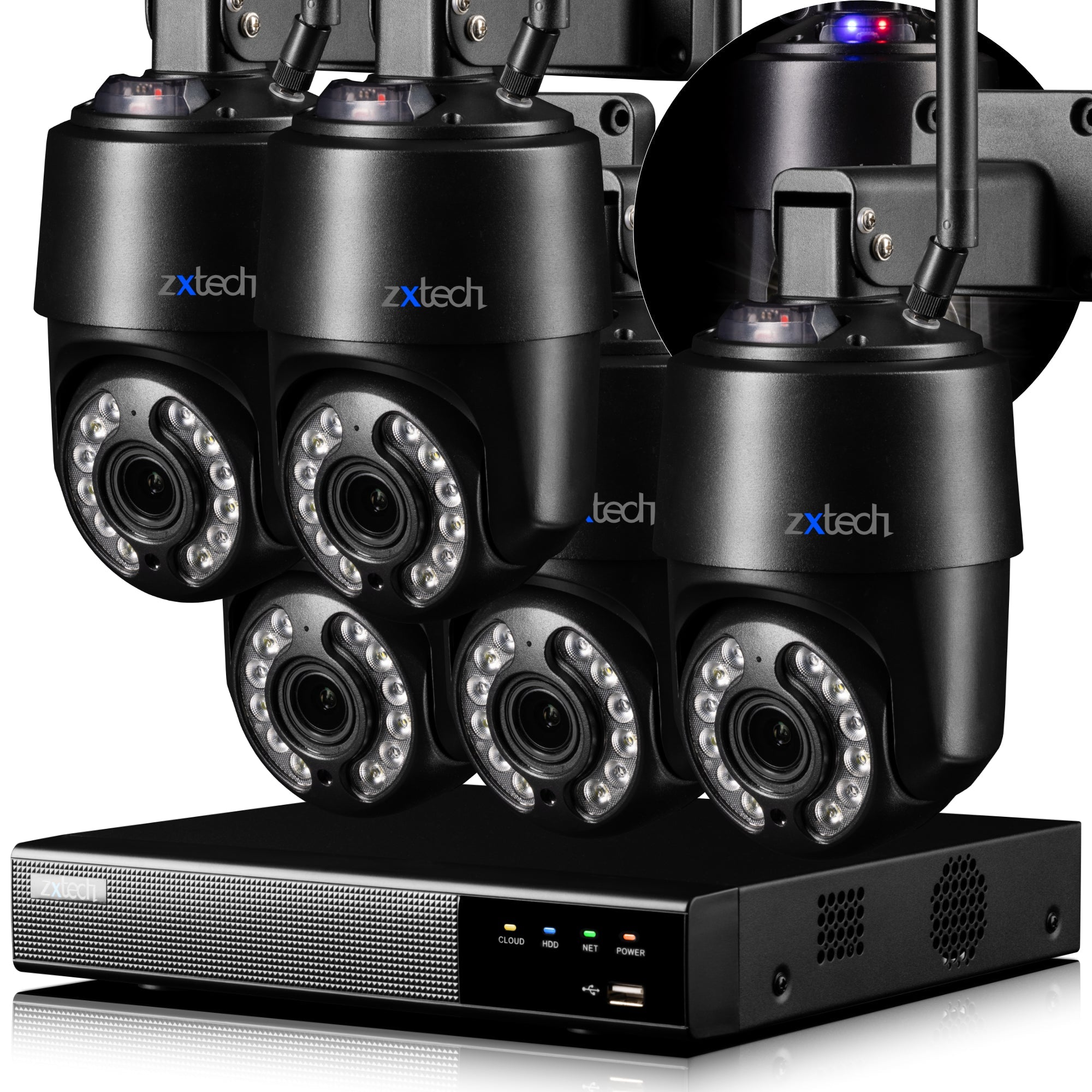 Zxtech 4K Wireless PTZ CCTV System - 5 x WiFi Security Camera 5X/10X/20X Auto Zoom Colour Night Vision Outdoor 2-Way-Audio 9CH Sony Starvis