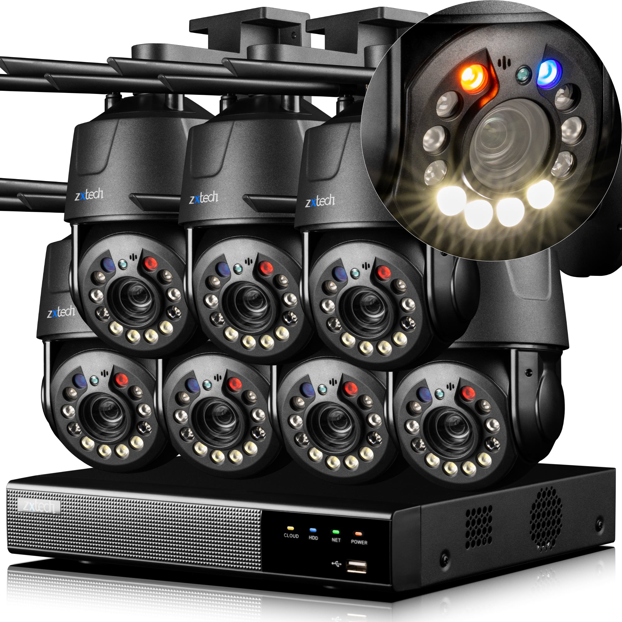 Zxtech 4K Wireless PTZ CCTV System - 7 x WiFi Security Camera 5X/10X/20X Auto Zoom Colour Night Vision Outdoor 2-Way-Audio 9CH Sony Starvis