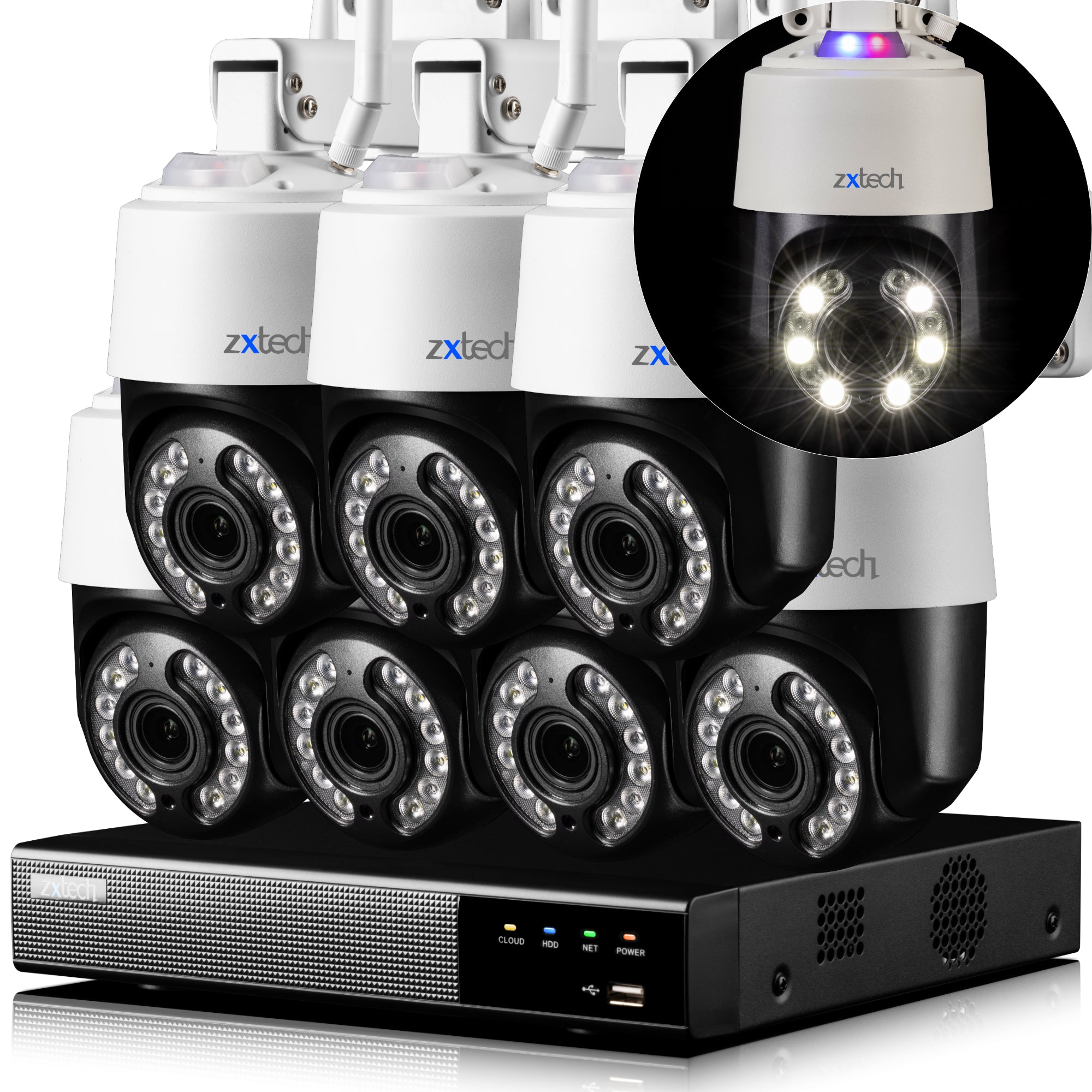 Zxtech 4K Wireless PTZ CCTV System - 7 x WiFi Security Camera 5X/10X Auto Zoom Colour Night Vision Outdoor 2-Way-Audio 9CH Sony Starvis