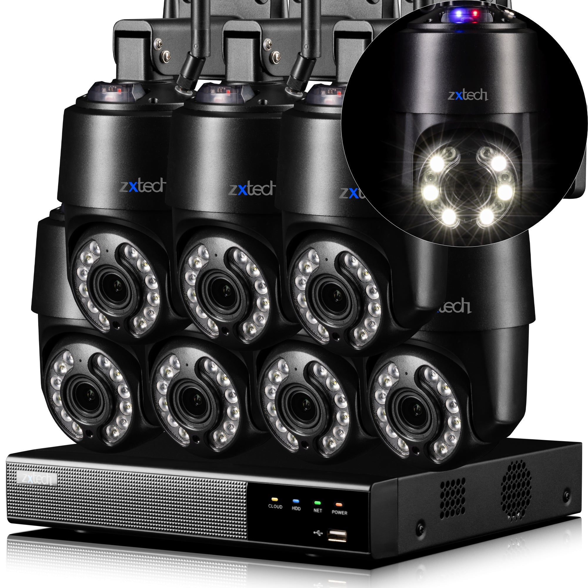 Zxtech 4K Wireless PTZ CCTV System - 7 x WiFi Security Camera 5X/10X/20X Auto Zoom Colour Night Vision Outdoor 2-Way-Audio 9CH Sony Starvis