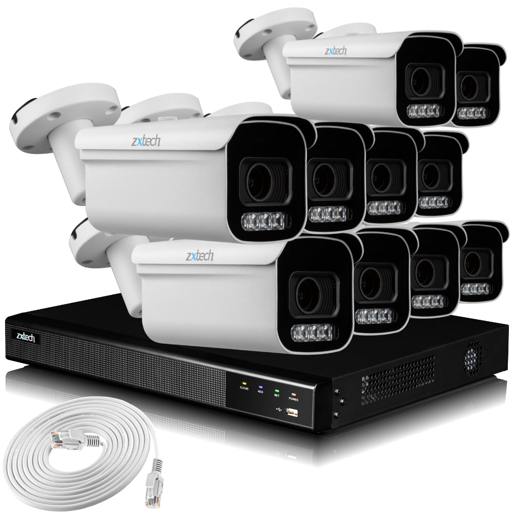 Zxtech 4K CCTV System - 10 x IP PoE Cameras Motorised Lens Face Detection Outdoor Sony Starvis Enhanced Night Vision | RX10D16X