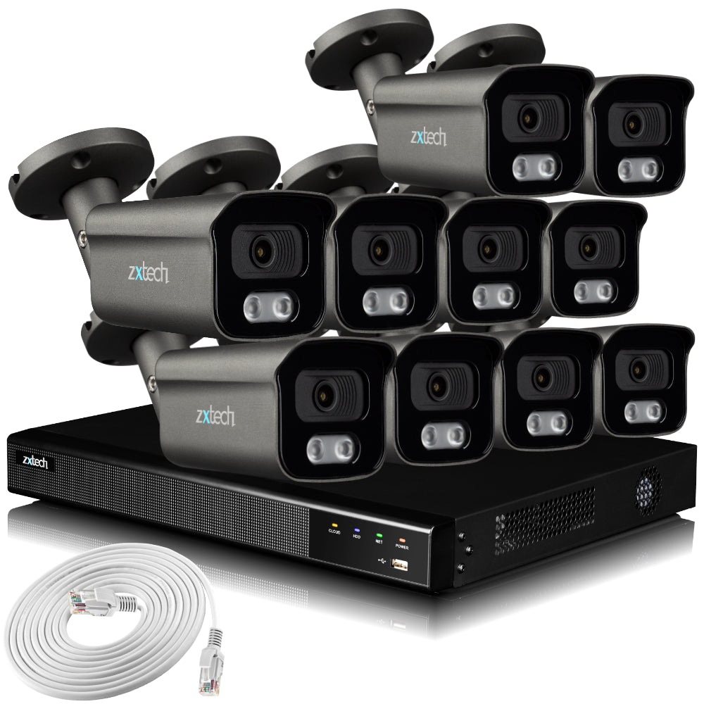 Zxtech 4K CCTV System - 10 x IP PoE Cameras Audio Recording Face Detection Outdoor Sony Starvis | RX10F16X