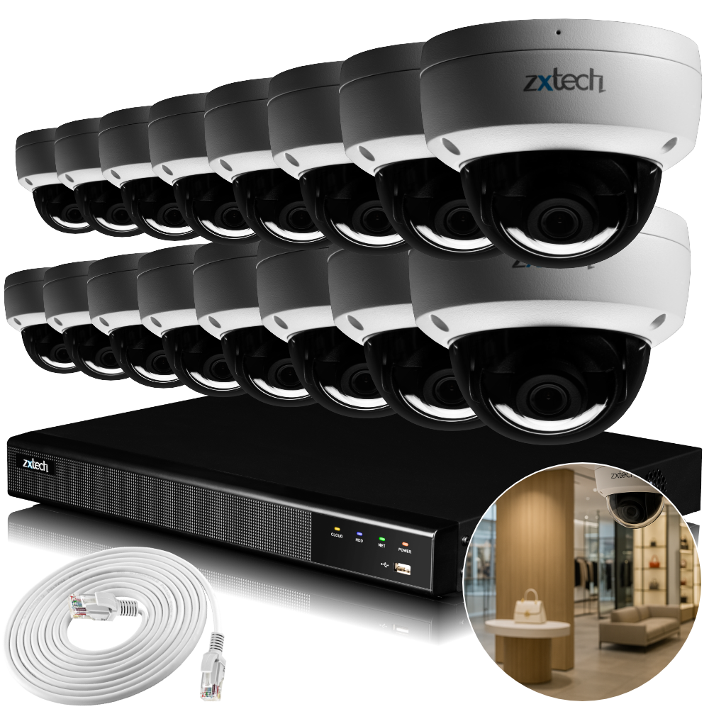 Zxtech IK10 4K PoE CCTV System – 16 x 8 MP Cameras with Sony Starvis, Stealth Night Vision & Built‑in Audio for High‑End Interiors | IK1A4Z