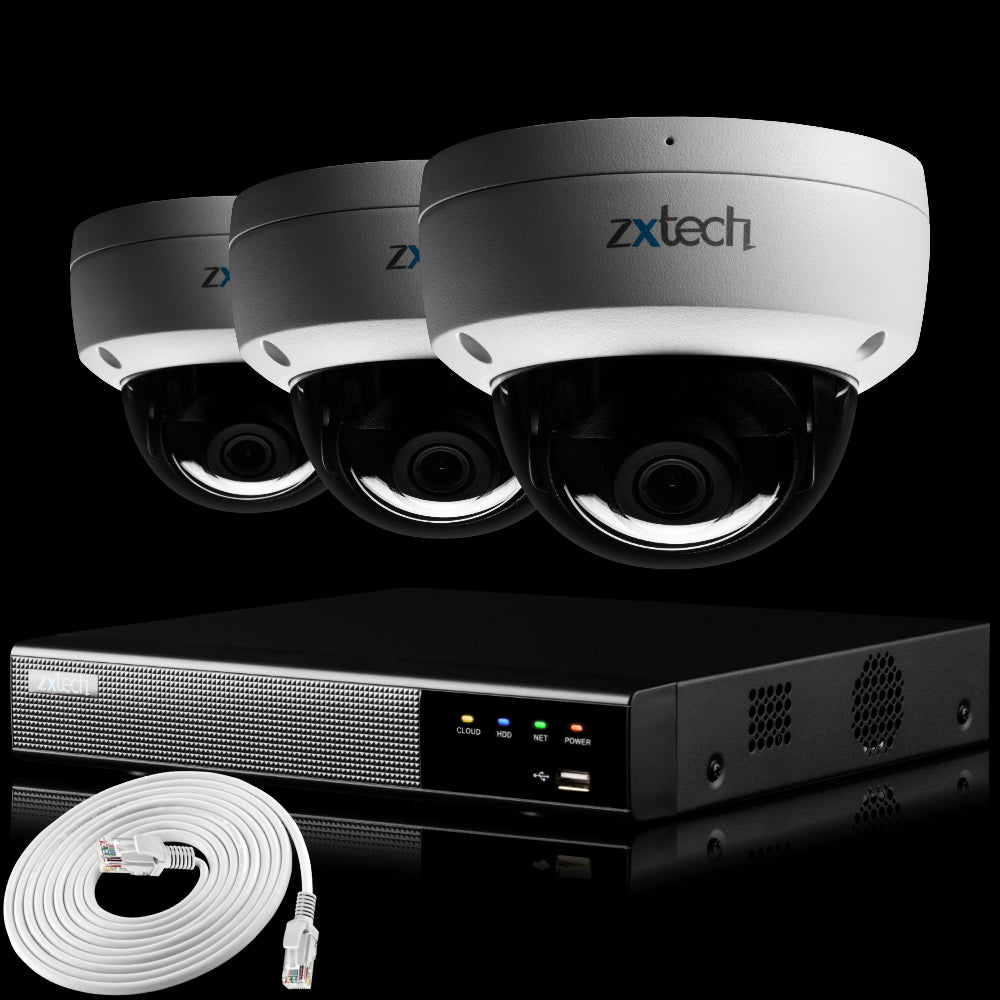 Zxtech IK10 4K PoE CCTV System – 3 x 8 MP Cameras with Sony Starvis, Stealth Night Vision & Built‑in Audio for High‑End Interiors | IK1A4Z
