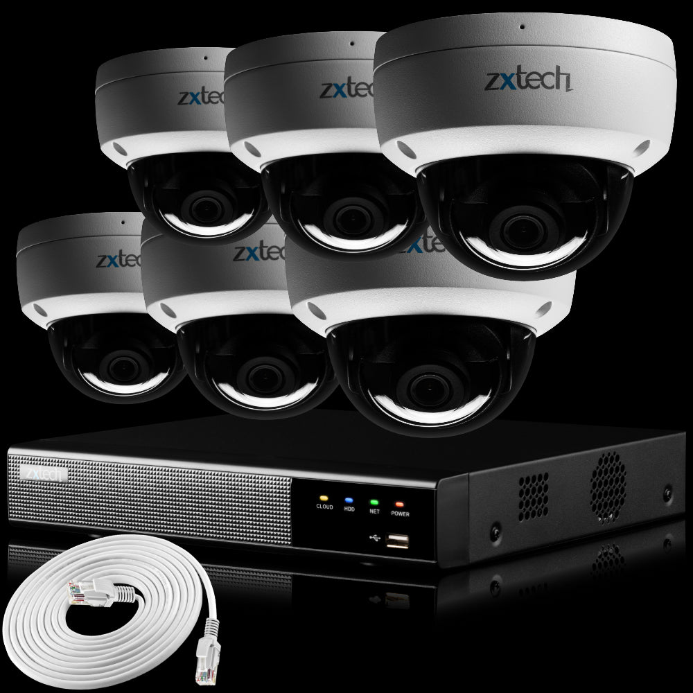 Zxtech IK10 4K PoE CCTV System – 6 x 8 MP Cameras with Sony Starvis, Stealth Night Vision & Built‑in Audio for High‑End Interiors | IK1A4Z