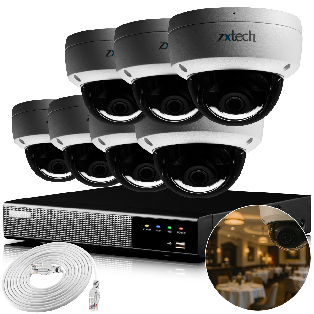 Zxtech IK10 4K PoE CCTV System – 7 x 8 MP Cameras with Sony Starvis, Stealth Night Vision & Built‑in Audio for High‑End Interiors | IK1A4Z