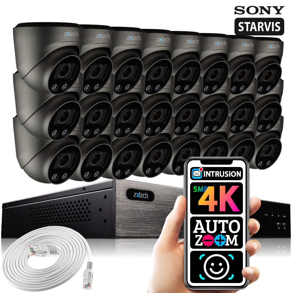 Zxtech 24 x 5MP 8MP Auto Zoom PoE CCTV Camera Face Recognition Home CCTV Kit RX24G24W