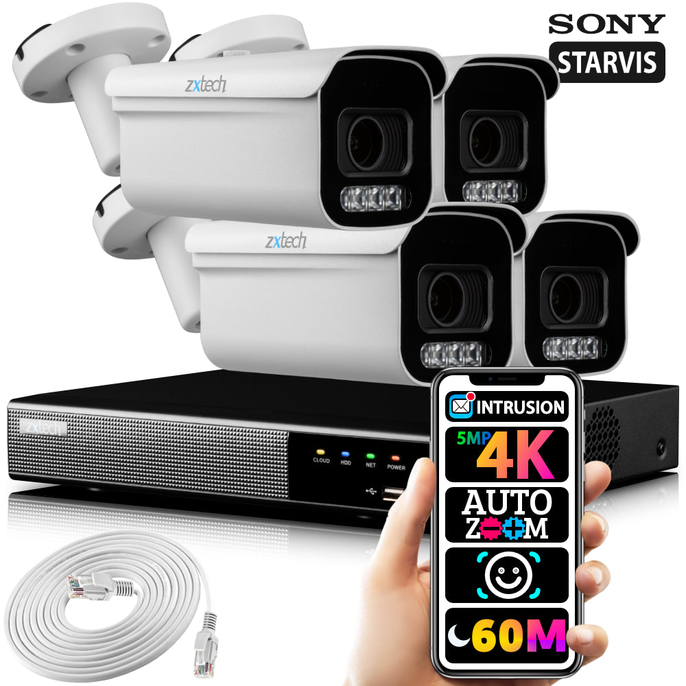 4K Home CCTV Kit 60M Night Vision Cameras P2P Motorised | Zxtech