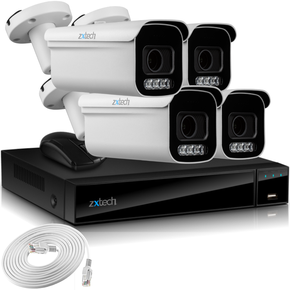 Zxtech 4K CCTV System - 4 x IP PoE Cameras Motorised Lens Face Detection Outdoor Sony Starvis Enhanced Night Vision  | RX4D4Z