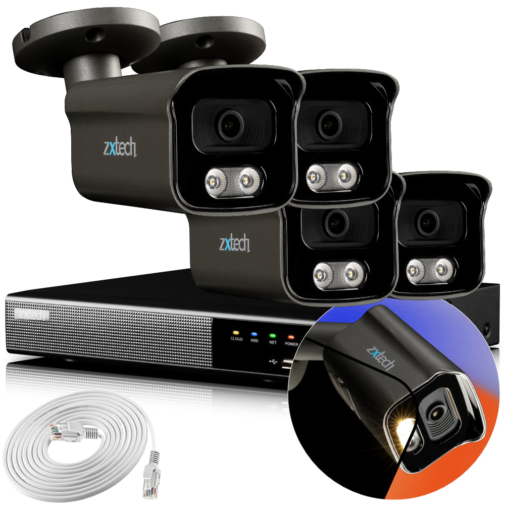 Zxtech 4K CCTV System - 4 x IP PoE Cameras Audio Recording Face Detection Outdoor Sony Starvis  | RX4F4Z