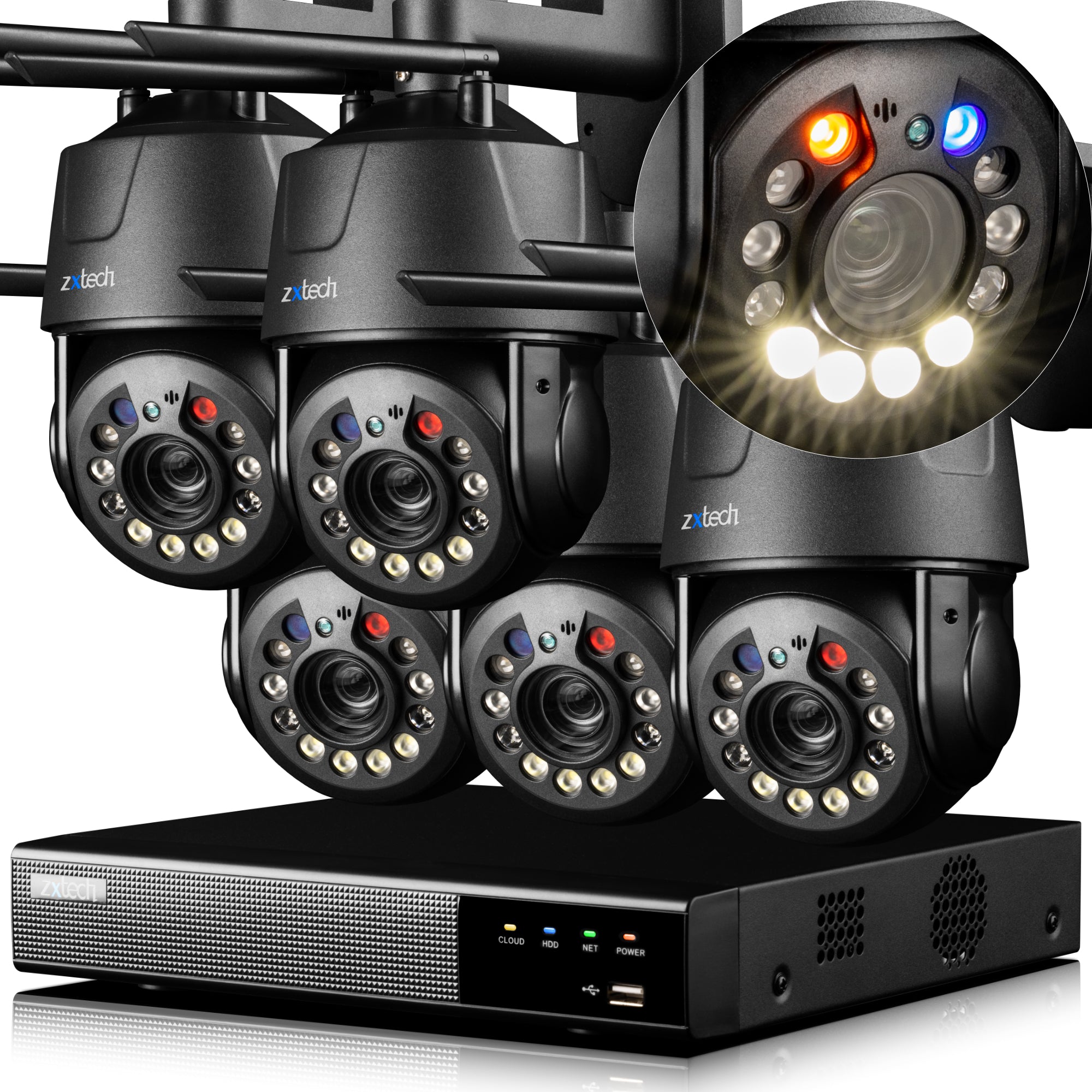Zxtech 4K Wireless PTZ CCTV System  - 5 x WiFi Security Camera 5X/10X/20X Auto Zoom Colour Night Vision Outdoor 2-Way-Audio 9CH Sony Starvis