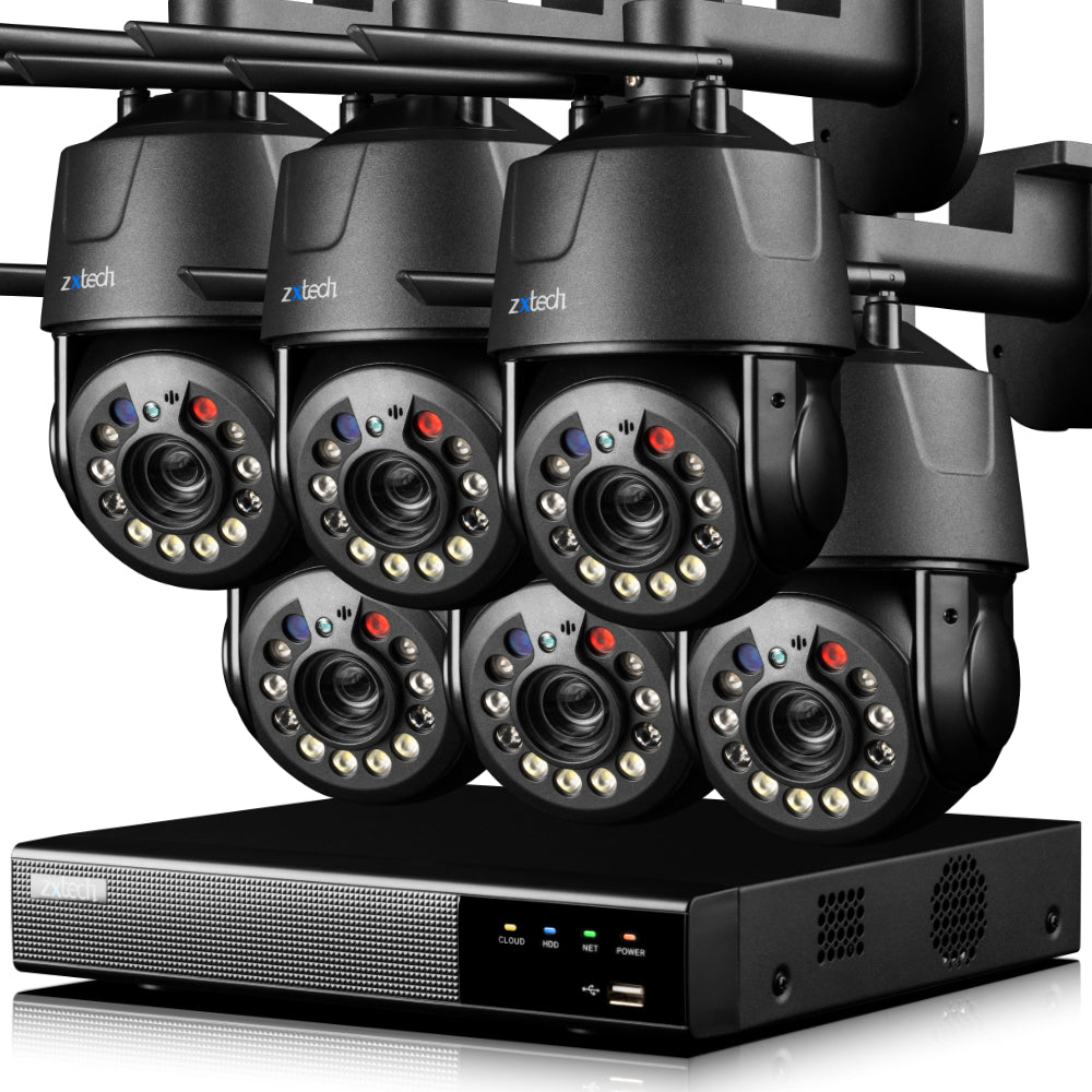 Zxtech 5MP/4K Wireless PTZ CCTV System  - 6 x WiFi Security Camera 5X/10X/20X Auto Zoom Colour Night Vision Outdoor 2-Way-Audio 9CH Sony Starvis