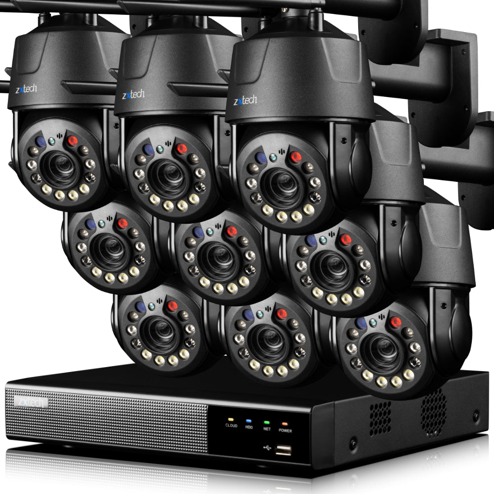 Zxtech 5MP/4K Wireless PTZ CCTV System  - 9 x WiFi Security Camera 5X/10X/20X Auto Zoom Colour Night Vision Outdoor 2-Way-Audio 9CH Sony Starvis