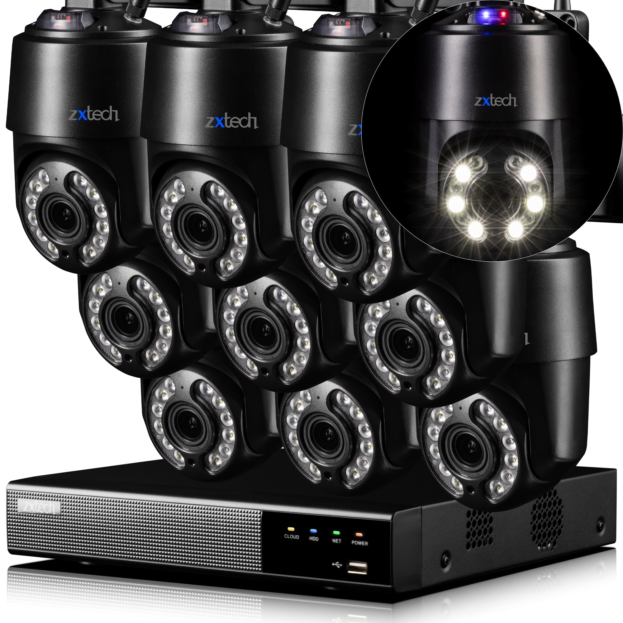 Zxtech 4K Wireless PTZ CCTV System  - 9 x WiFi Security Camera 5X/10X/20X Auto Zoom Colour Night Vision Outdoor 2-Way-Audio 9CH Sony Starvis