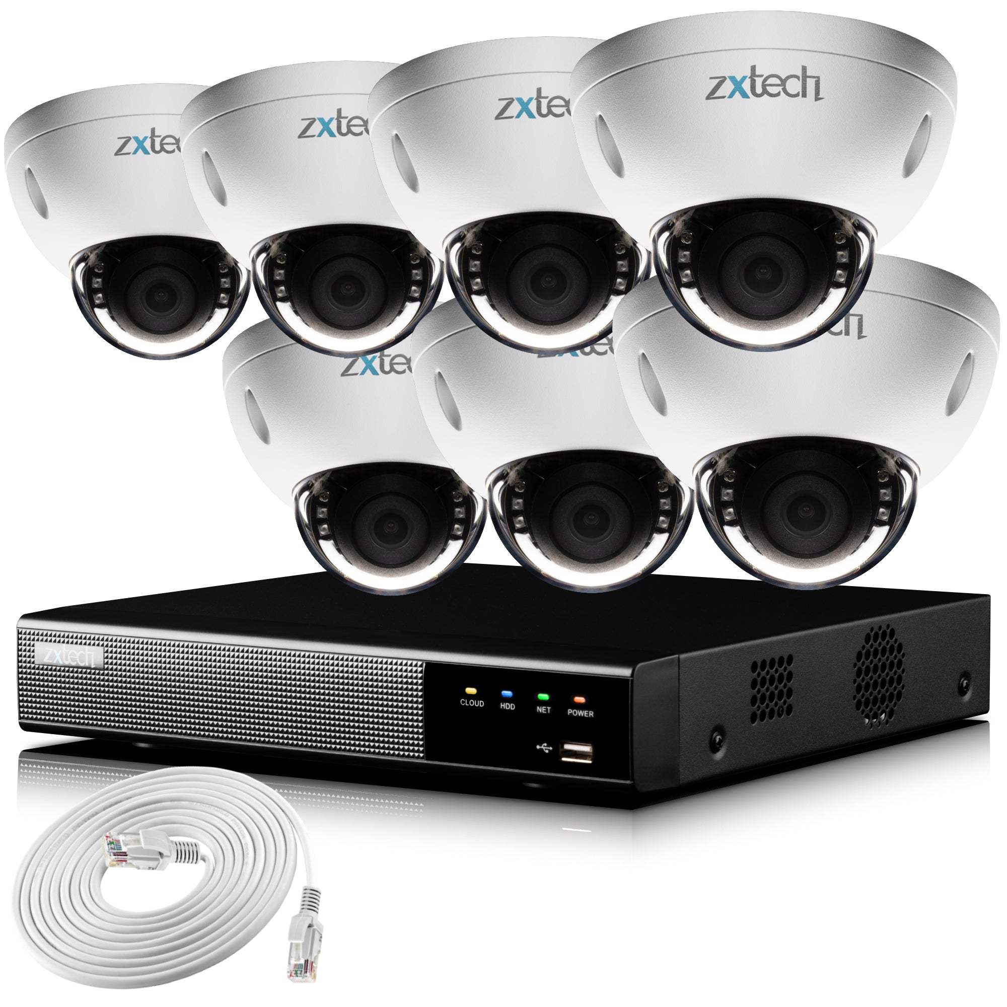 Zxtech IK10 4K CCTV System - 7 x IP PoE Cameras Face Detection Outdoor Sony Starvis Enhanced Night Vision  | IK7A9Y