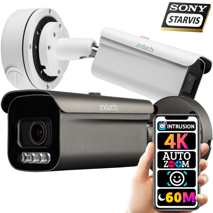 Zxtech 4K 8MP Bullet Auto Zoom PoE IP CCTV AI Camera | Face Recognition 60M IR