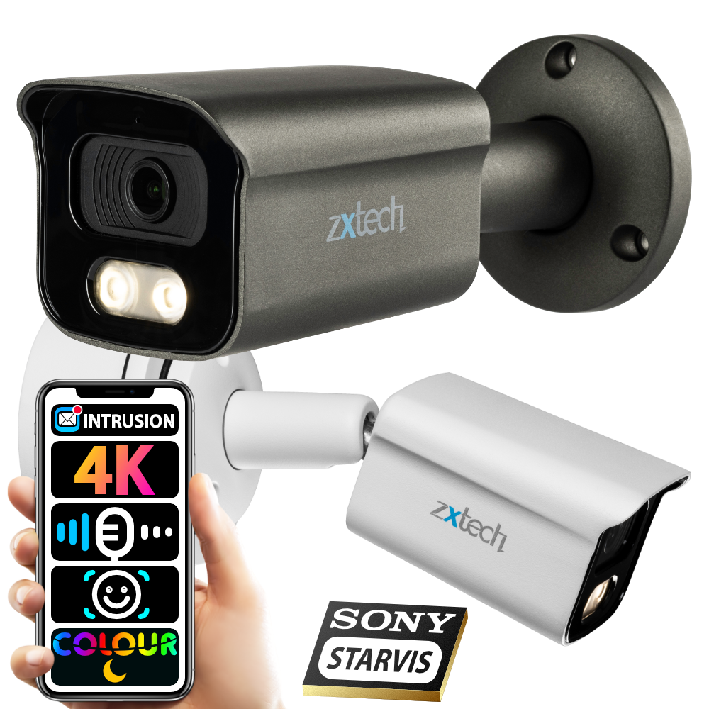 Zxtech Full Colour Night Vision 4K 8MP Bullet PoE IP CCTV AI Camera | Face Recognition Built-in Microphone Sony Starvis