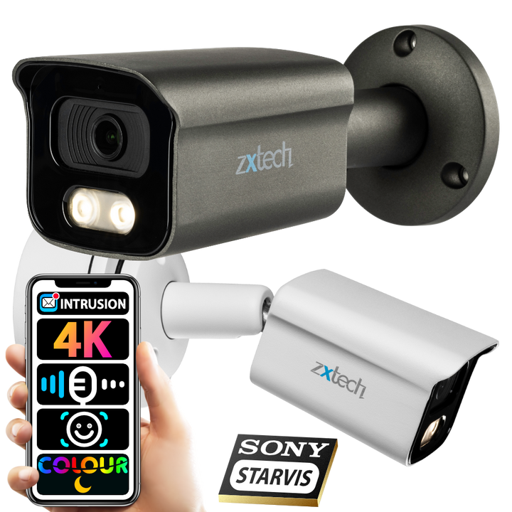 Zxtech Full Colour Night Vision 4K 8MP Bullet PoE IP CCTV AI Camera | Face Recognition Built-in Microphone Sony Starvis