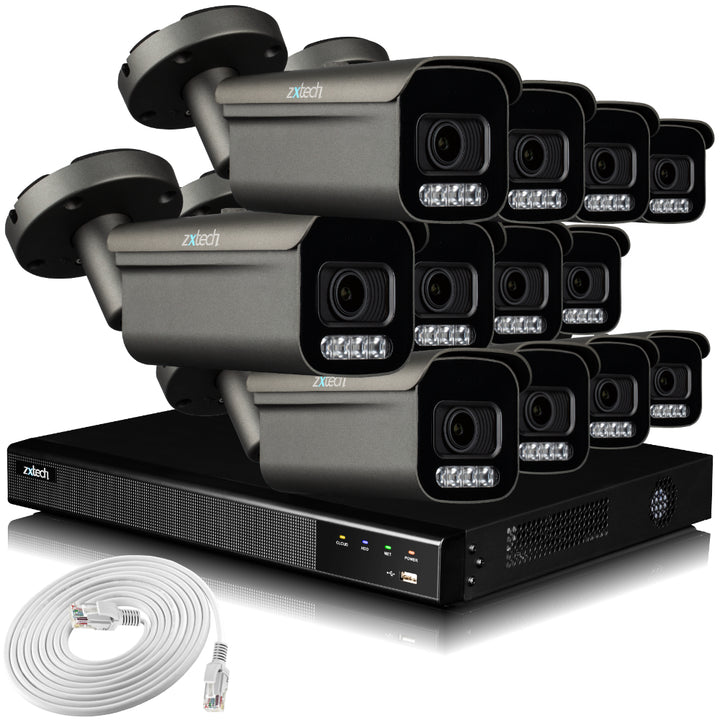 Zxtech 4K CCTV System - 12 x IP PoE Cameras Motorised Lens Face Detection Outdoor Sony Starvis Enhanced Night Vision  | RX12H16X