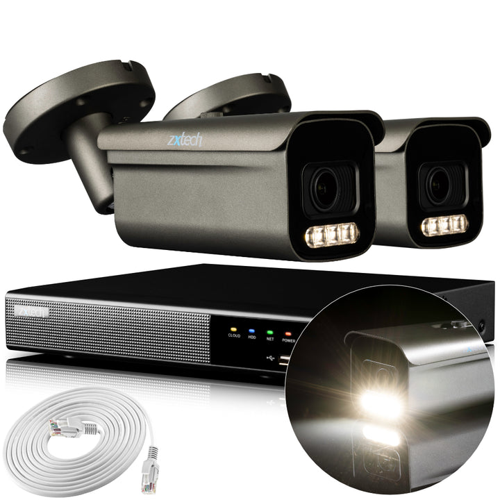 Zxtech 4K CCTV System - 2 x IP PoE Cameras Motorised Lens Face Detection Outdoor Sony Starvis Enhanced Night Vision  | RX2H4Z