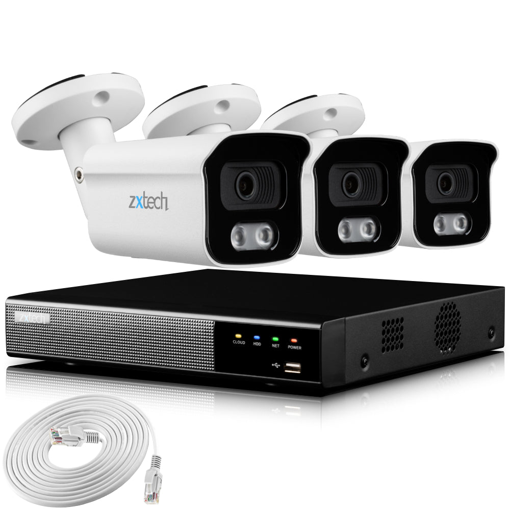 Zxtech 4K CCTV System - 3 x IP PoE Cameras Audio Recording Face Detection Outdoor Sony Starvis  | RX3B4Z
