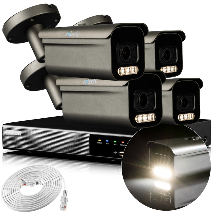 Zxtech 4K CCTV System - 4 x IP PoE Cameras Motorised Lens Face Detection Outdoor Sony Starvis Enhanced Night Vision  | RX4H4Z