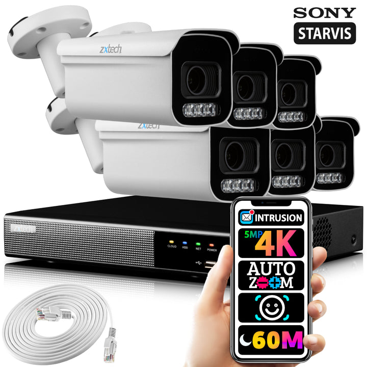 Zxtech 5MP 4K Auto Zoom PoE CCTV Camera Outdoor CCTV NVR Face Recognition Kit RX6D9Y