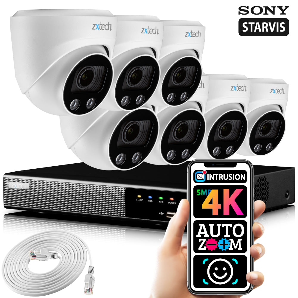 Zxtech 5MP 4K Ultra HD 60M IR Auto Zoom PoE Outdoor Security Camera System RX7C9Y