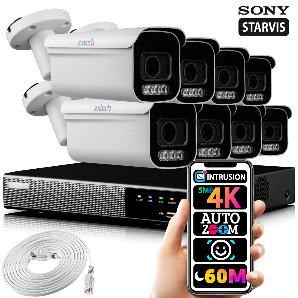 4K Home CCTV Kit 60M Night Vision Cameras P2P Motorised | Zxtech