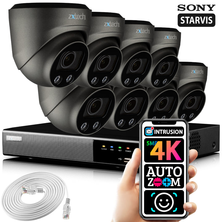 Zxtech 8 5MP 8MP 4K 60M IR Auto Zoom PoE CCTV NVR Face Recognition Full CCTV Kit RX8G9Y